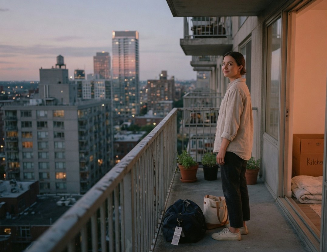 Person on a balcony with bags, looking over a city at dusk