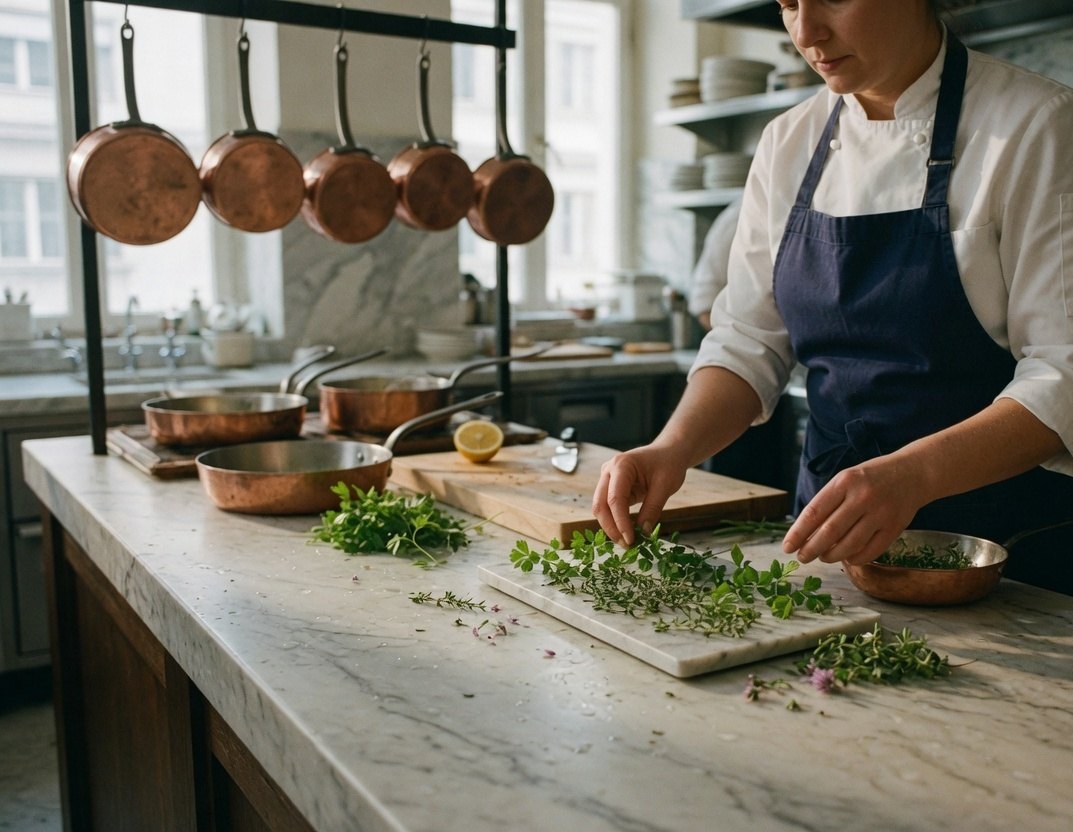 Chef preparing herbs at a marble pass in a sunlit kitchen