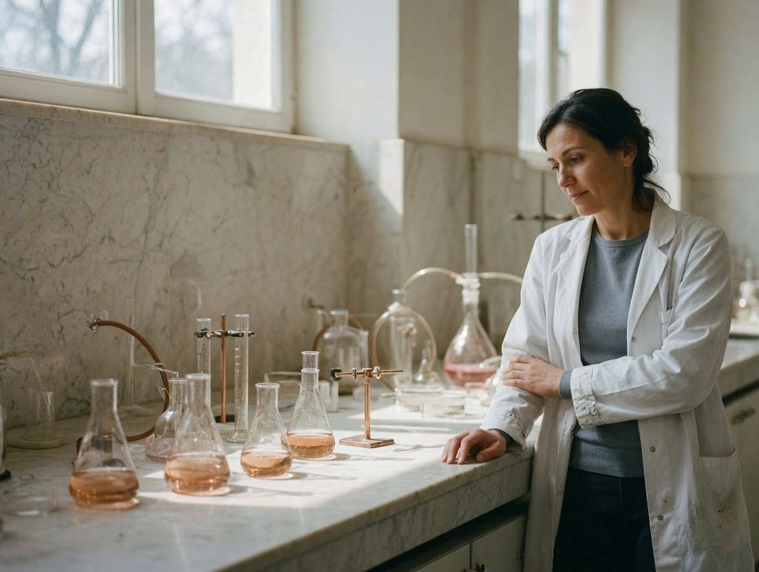 Scientist beside glassware in a bright laboratory